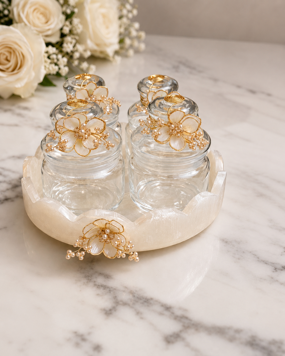 Pearl Resin Tray with Floral Embellishment