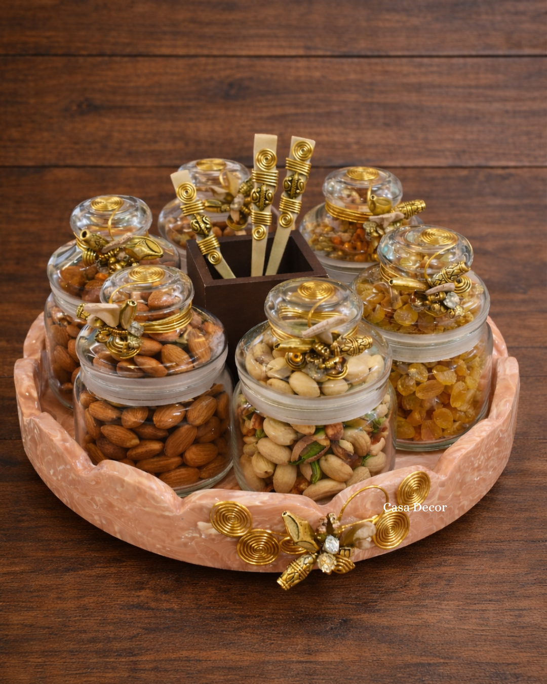 Rotating Pink Resin Tray with 6 Airtight Jars