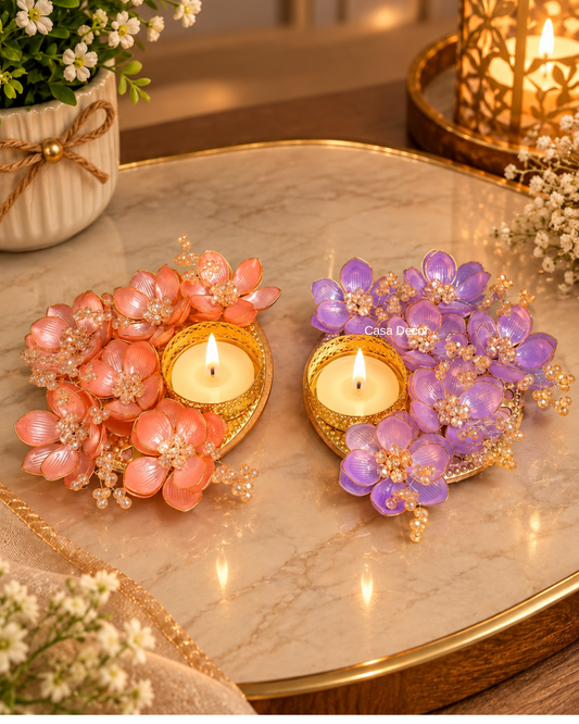 Embellished Floral Tealight Holders Set Of 2