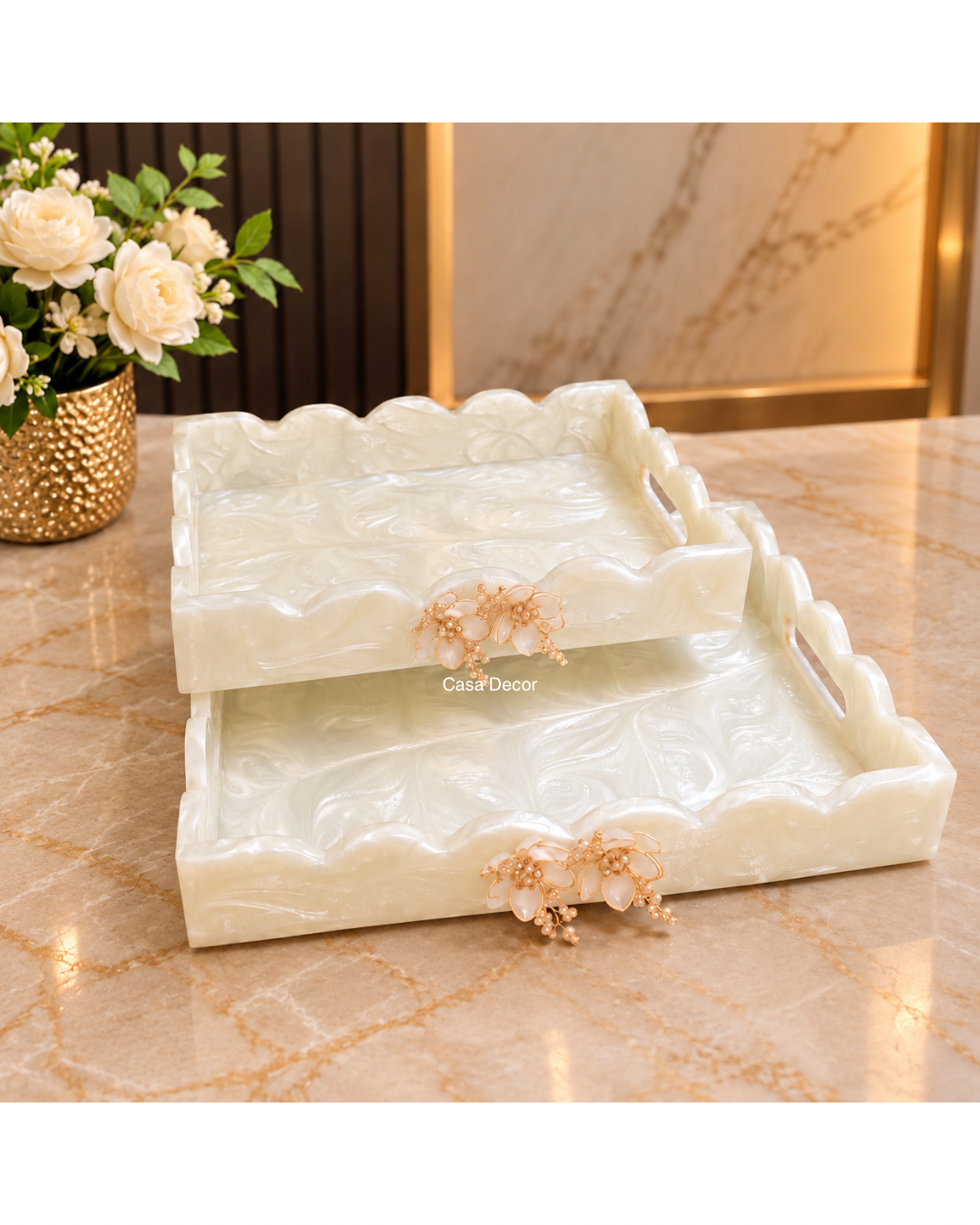 Multipurpose Embellished Resin Tray Set of 2
