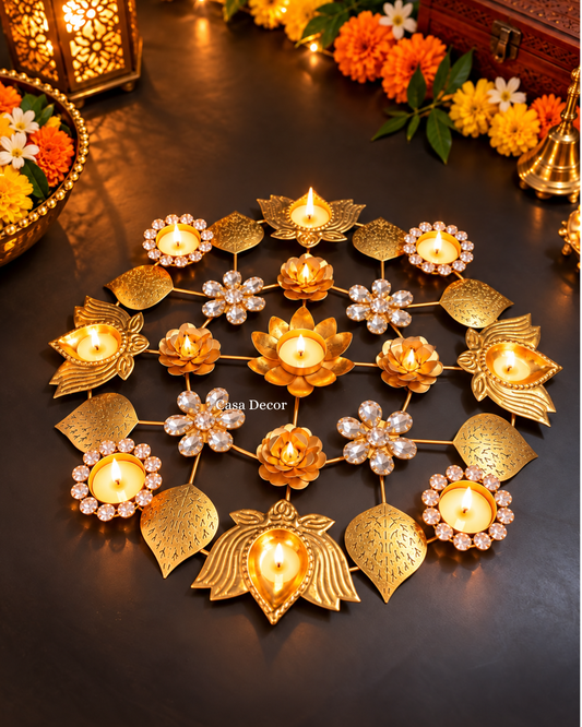 Leaf Motif & Lotus Metallic Diya Rangoli