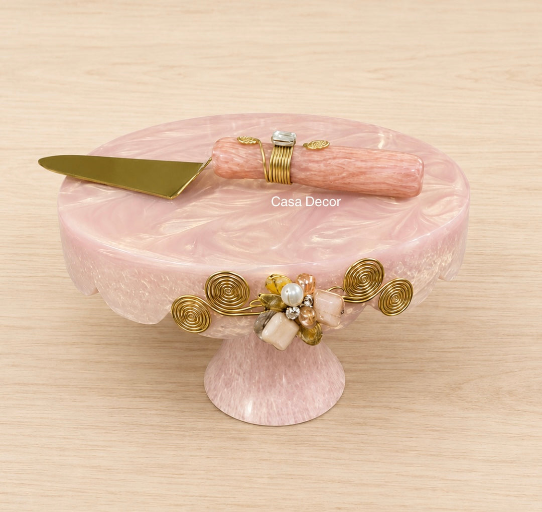 Pink Resin Cake Stand with Spatula