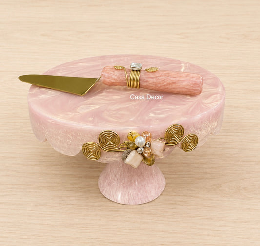 Pink Resin Cake Stand with Spatula