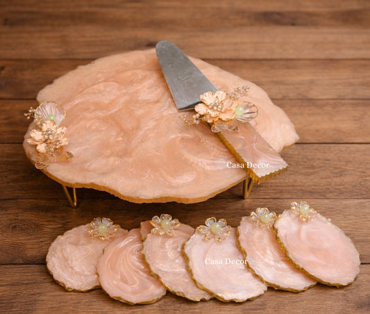Resin Cake Stand with Flower Motif and Spatula + 6 coasters