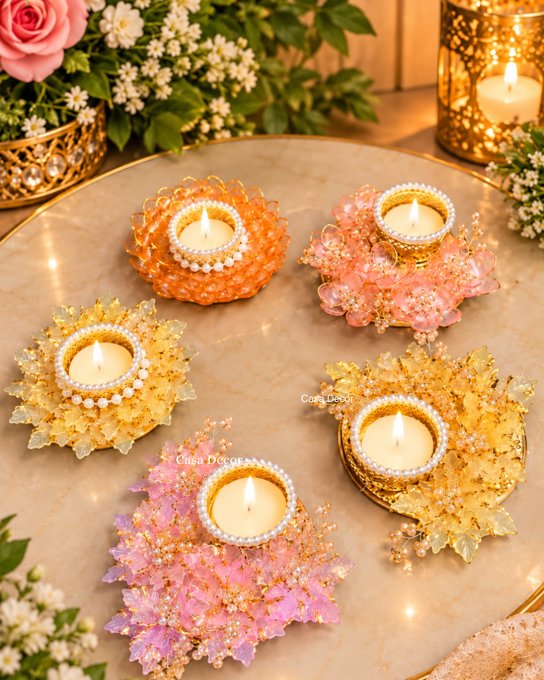 Embellished Floral Tealight Holders set of 5