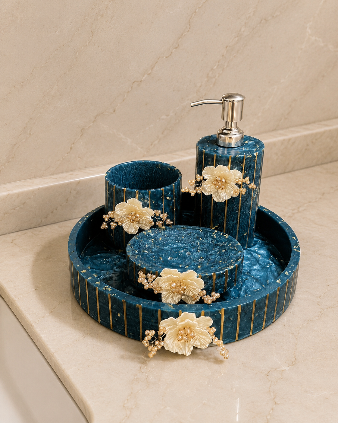Deep Teal Resin Embellished Bathroom Set