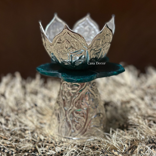 Silver Polish Diya Stand with Resin Flower